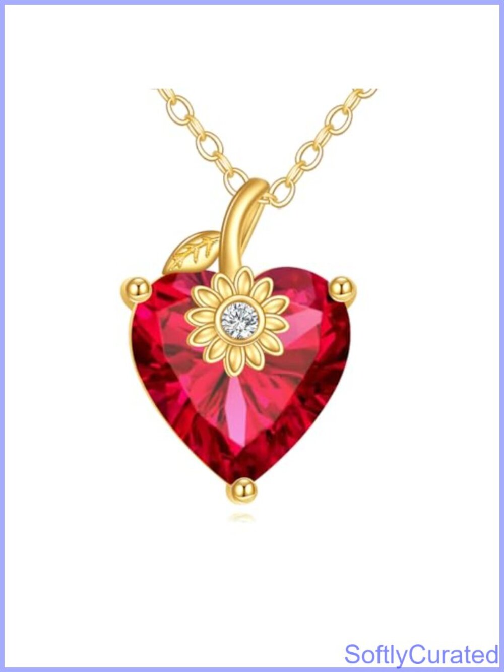 14K Solid Gold Heart Birthstone Necklace 3 Carat Created Ruby Sunflower Pendant